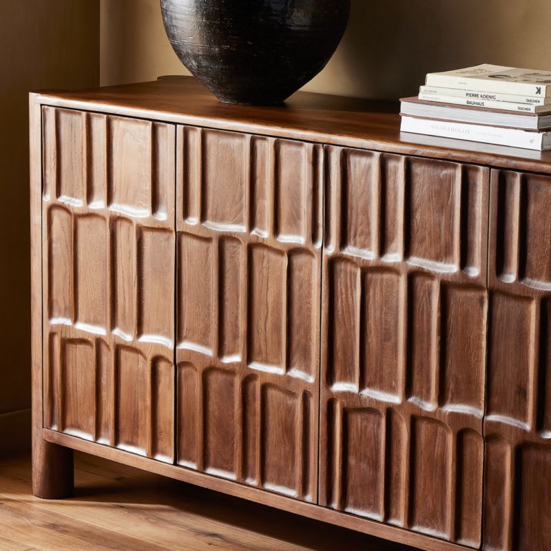 Ezri 98" Brown Carved Oak Wood Storage Media Console - image 3 of 10