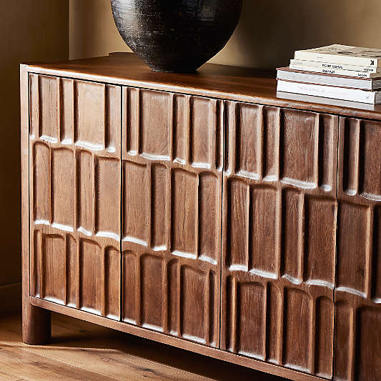 Ezri Brown Carved Oak Wood Storage Media Console (82"-96")