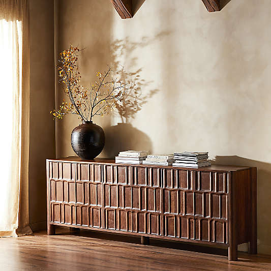 Ezri 98" Brown Carved Oak Wood Storage Media Console