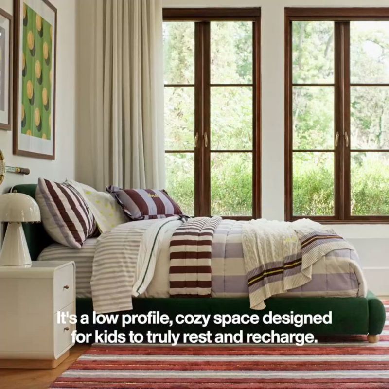 Play Winner Kent Pine Velvet Upholstered Twin Kids Bed by Venus Williams - video 1 of 1