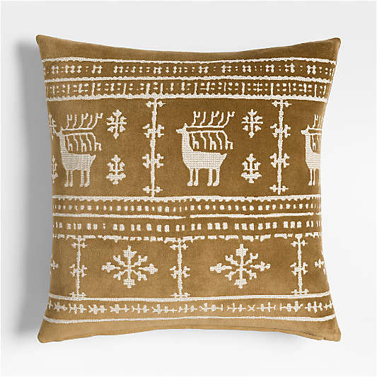 Fair Isle Embroidered Velvet 23"x23" Camel Tan Throw Pillow with Down-Alternative Insert