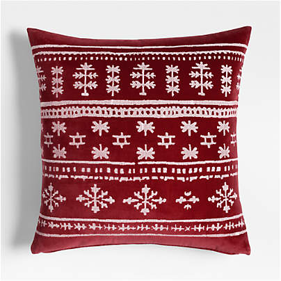 Fair Isle Embroidered Velvet 23"x23" Luminous Red Throw Pillow with Feather Insert