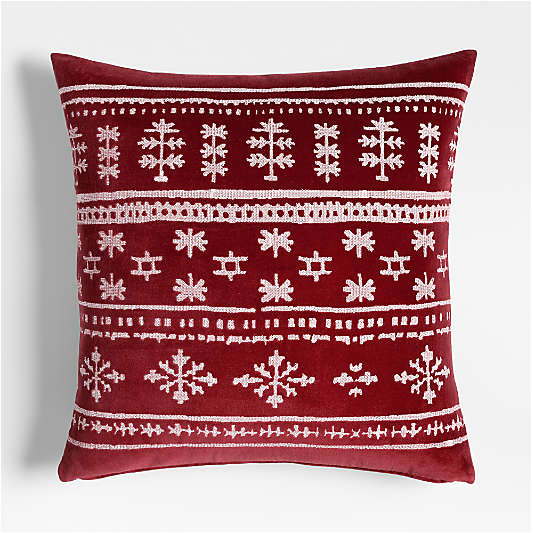 Fair Isle Embroidered Velvet 23"x23" Luminous Red Throw Pillow with Down-Alternative Insert