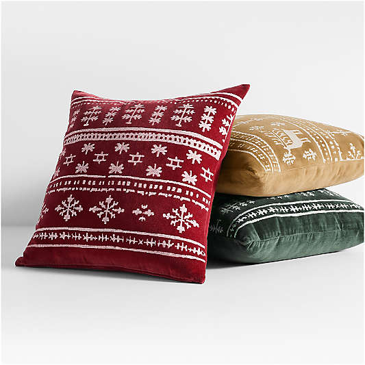 Fair Isle Embroidered Velvet 23"x23" Spruce Green Throw Pillow Cover