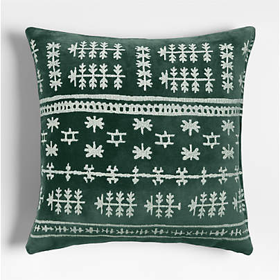 Fair Isle Embroidered Velvet 23"x23" Spruce Green Throw Pillow with Feather Insert