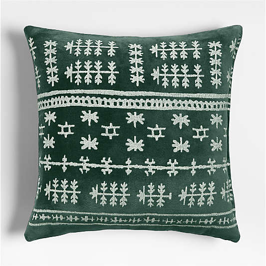 Fair Isle Embroidered Velvet 23"x23" Spruce Green Throw Pillow