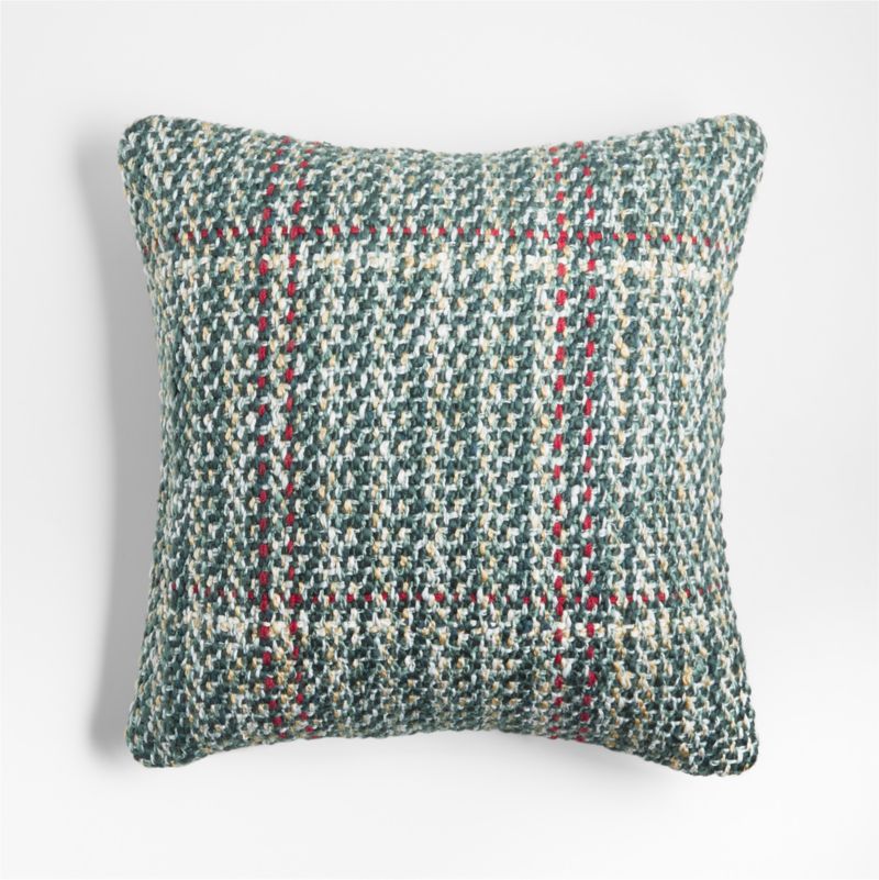 Spruce Green Textured Plaid 20"x20" Holiday Throw Pillow with Feather