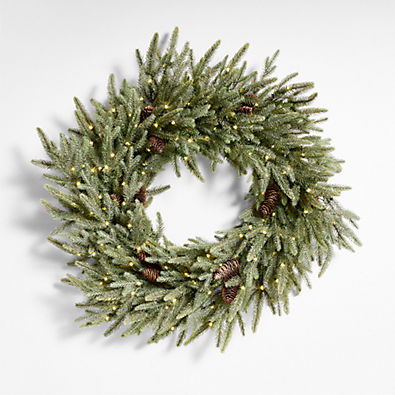 View Faux Frosted Pre-Lit LED Norway Spruce Wreath 30" details