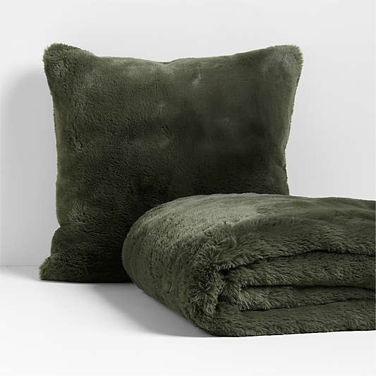 Burnt Green Faux Fur 23"x23" Throw Pillow with Feather Insert