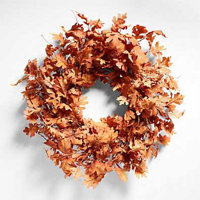 View Faux Orange Oak Leaf Wreath 28" details