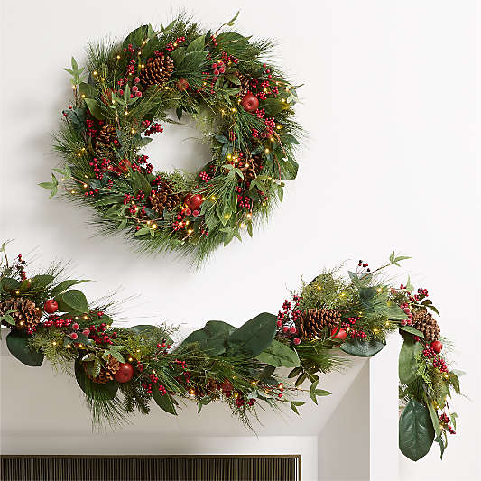Pre-Lit Frosted Red Berry & Pine Wreath & Garland Set