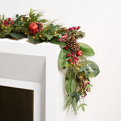 View Faux Pre-Lit Frosted Red Berry & Pine Garland 6' details
