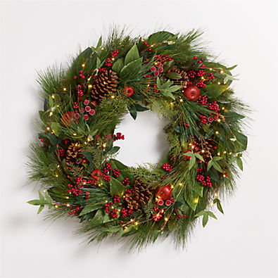 View Faux Pre-Lit Frosted Red Berry & Pine Wreath 30" details