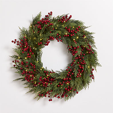View Faux Pre-Lit Hemlock & Berry Wreath 28" details