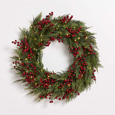 Faux Pre-Lit Hemlock & Berry Wreath 28"