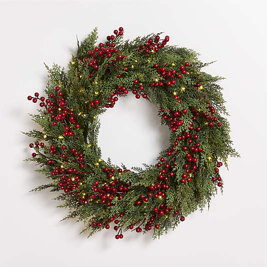 Faux Pre-Lit Hemlock & Berry Wreath 28"