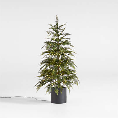 Potted Faux Hemlock Small Pre-Lit LED Christmas Tree with White Lights 4'