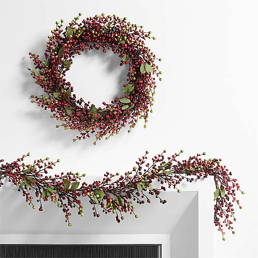 Faux Red Berry with Leaves Wreath & Garland Set