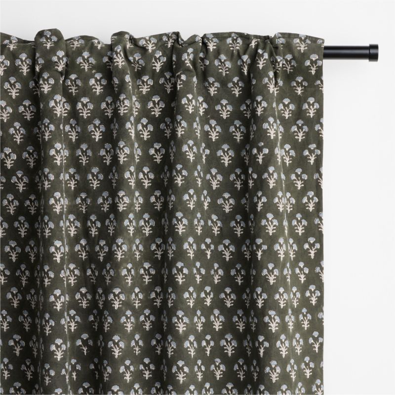 Ficus Green Floral Block Print Organic Cotton Linen Window Curtain Panel 48"x108" - image 4 of 6