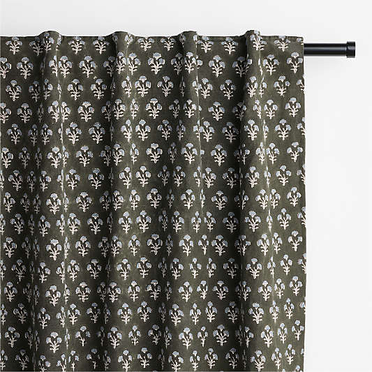 Ficus Green Floral Block Print Organic Cotton Linen Window Curtain Panels