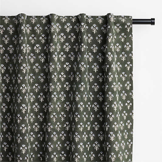 Ficus Green Floral Block Print Organic Cotton Linen Window Curtain Panels