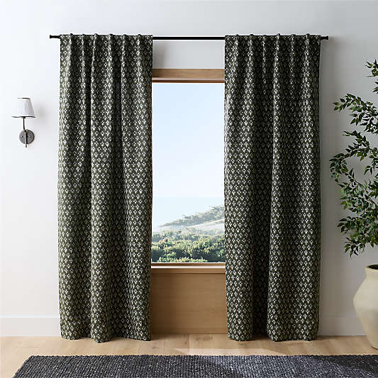 Ficus Green Floral Block Print Organic Cotton Linen Window Curtain Panels