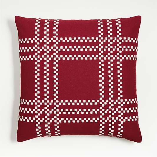 Luminous Red Felted Wool Plaid 23"x23" Holiday Throw Pillow