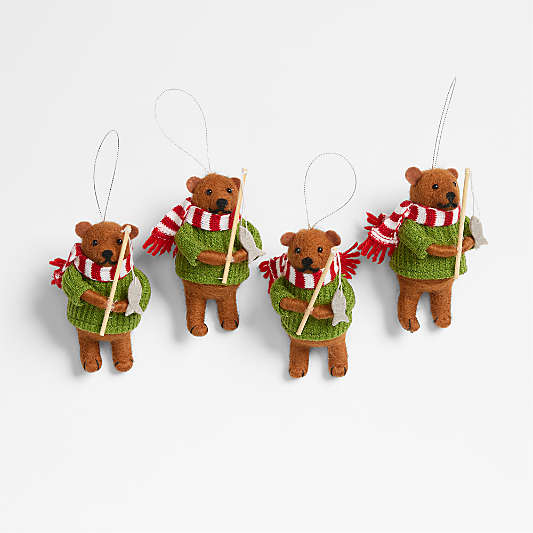 Felted Wool Ice Fishing Bear Christmas Tree Ornament, Set of 4