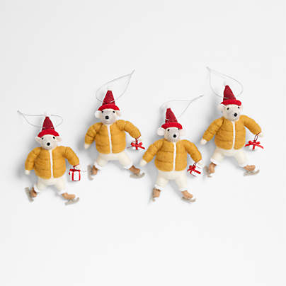Felted Wool Ice Skating Bear Christmas Tree Ornament, Set of 4