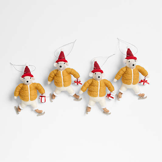 Felted Wool Ice Skating Bear Christmas Tree Ornament, Set of 4
