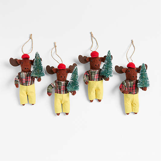 Felted Wool Moose with Tree Christmas Ornaments, Set of 4