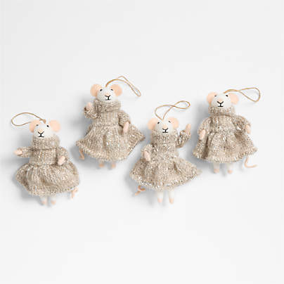 Felted Wool Mouse with Cozy Dress Christmas Tree Ornament, Set of 4