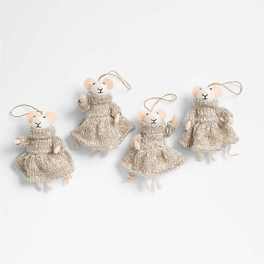 Felted Wool Mouse with Cozy Dress Christmas Tree Ornament, Set of 4