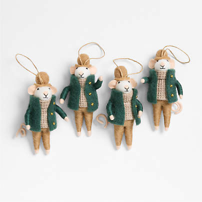 Felted Wool Mouse with Green Cardigan Christmas Tree Ornament, Set of 4