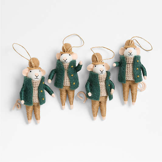 Felted Wool Mouse with Green Cardigan Christmas Tree Ornament, Set of 4