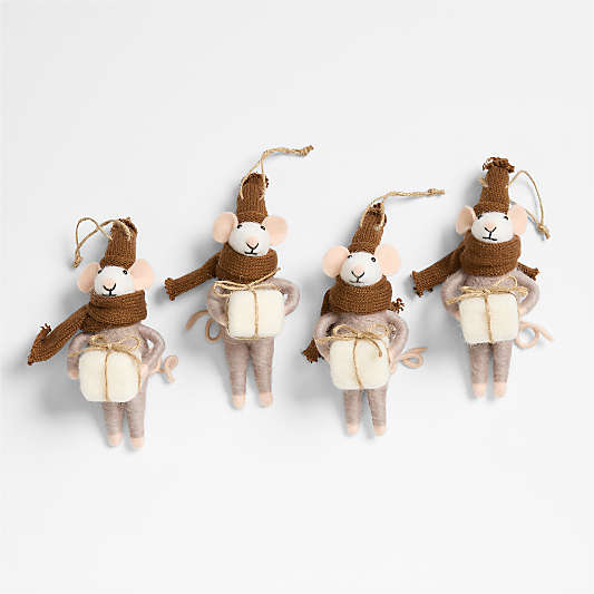 Felted Wool Mouse with Present Christmas Tree Ornament, Set of 4