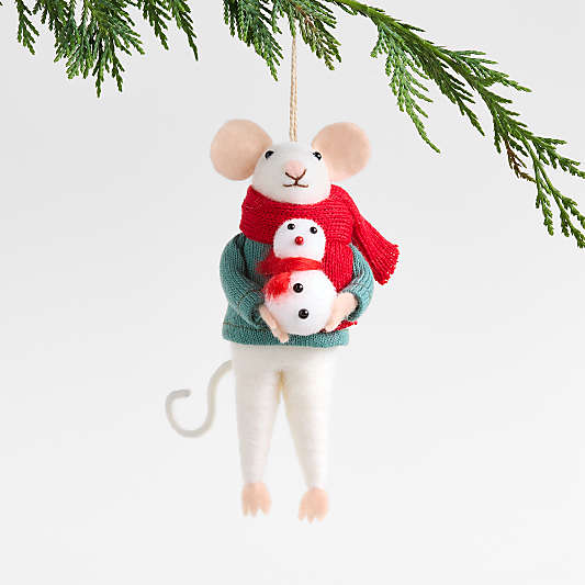 Felted Wool Mouse with Snowman Christmas Ornament