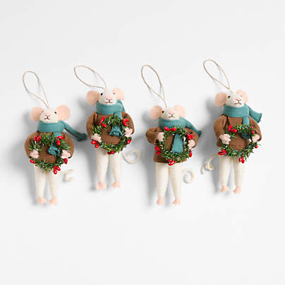 Felted Wool Mouse with Wreath Christmas Ornaments, Set of 4