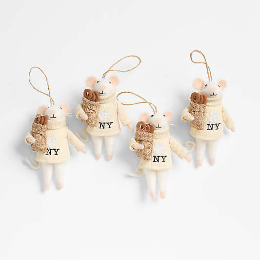Felted Wool NYC Mouse Christmas Tree Ornament, Set of 4