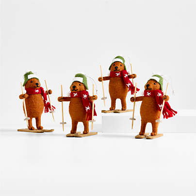 Felted Wool Skiing Bear Christmas Tree Ornament, Set of 4