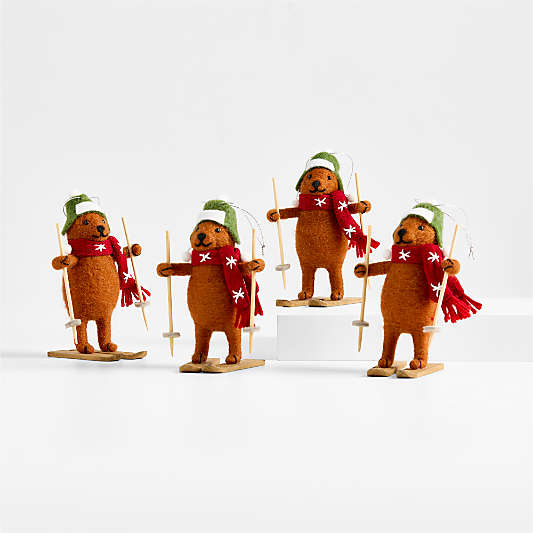 Felted Wool Skiing Bear Christmas Tree Ornament, Set of 4