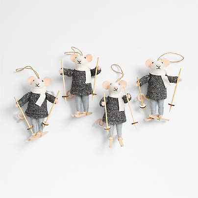Felted Wool Skiing Mouse Christmas Tree Ornament, Set of 4