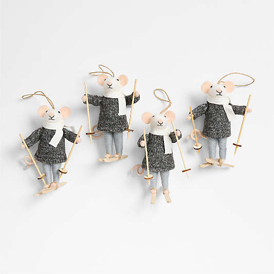 Felted Wool Skiing Mouse Christmas Tree Ornament, Set of 4