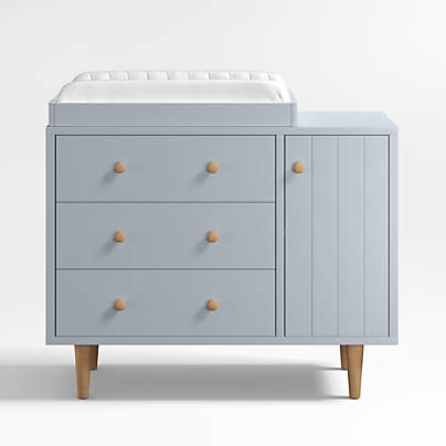 Finn Narrow Quarry Blue Wood 3-Drawer Kids Dresser with Door and Changer Table Topper