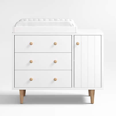 Finn Narrow White Wood 3-Drawer Kids Dresser with Door and White Changer Table Topper