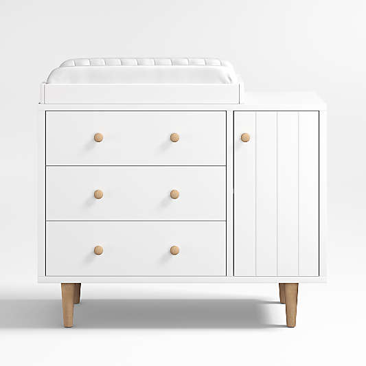 Finn Narrow White Wood 3-Drawer Kids Dresser with Door and White Changer Table Topper