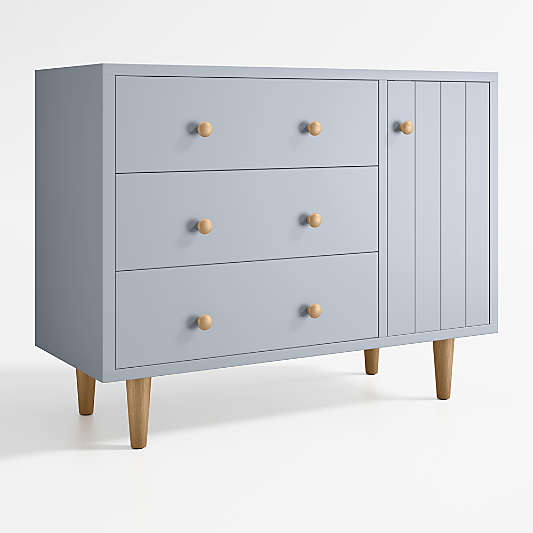 Finn Narrow Mist Blue Wood 3-Drawer Kids Dresser with Door