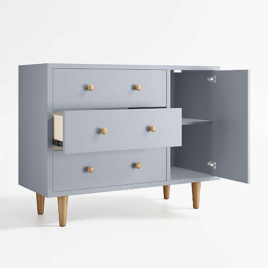 Finn 44" Narrow Mist Blue Wood 3-Drawer Kids Dresser with Door