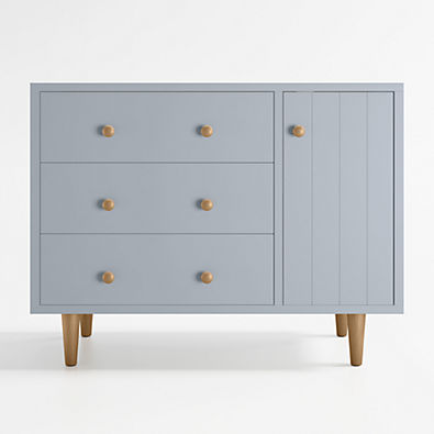 View Finn 44" Narrow Mist Blue Wood 3-Drawer Kids Dresser with Door details