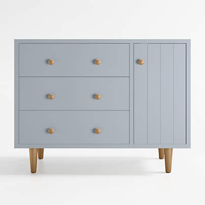 Finn Narrow Quarry Blue Wood 3-Drawer Kids Dresser with Door and Changer Table Topper